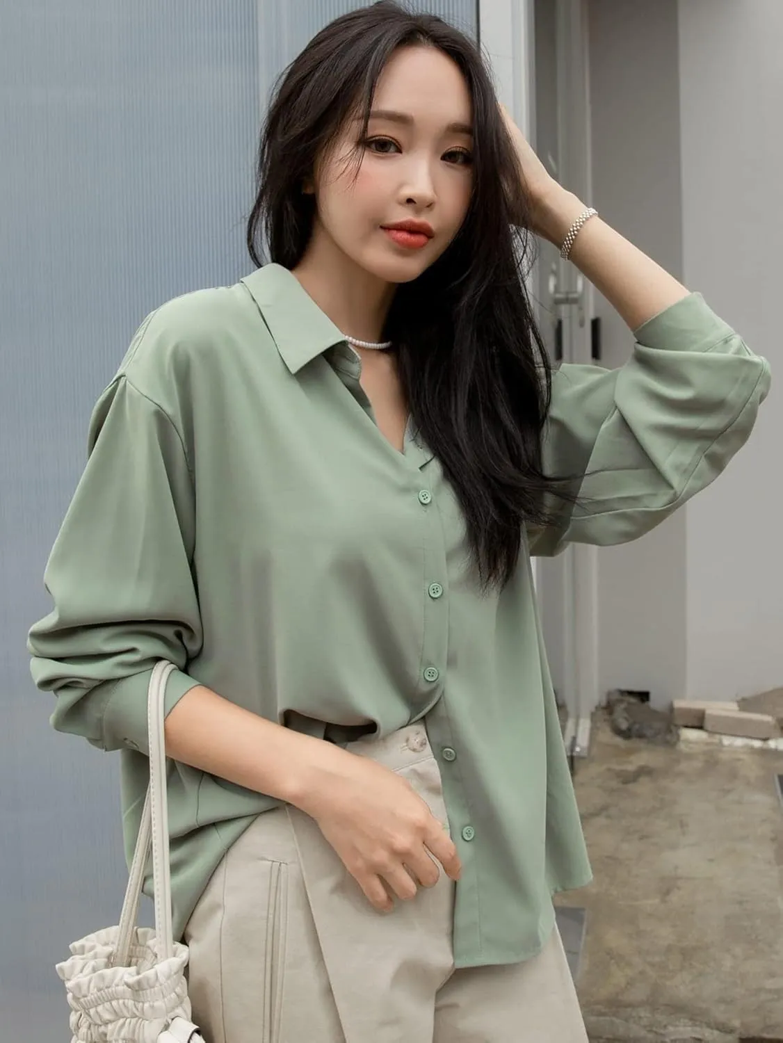 Womens Summer Work Blouse Drop Shoulder Button Front Shirt Long Sleeve Tops Tops