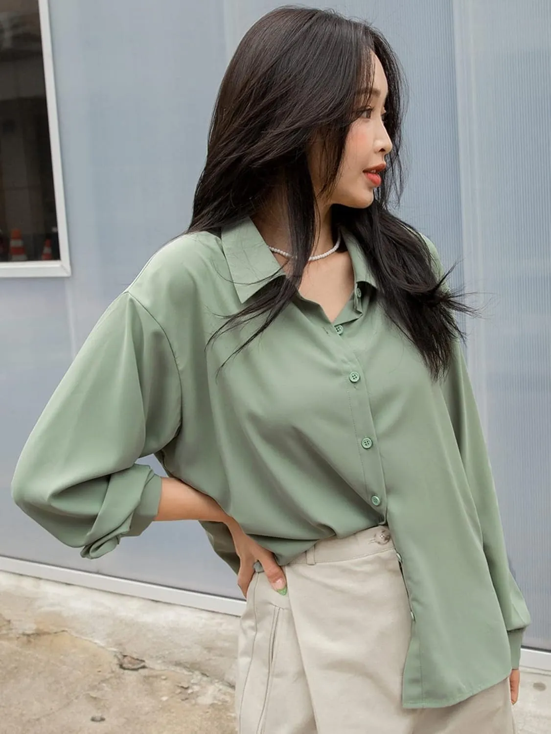 Womens Summer Work Blouse Drop Shoulder Button Front Shirt Long Sleeve Tops Tops