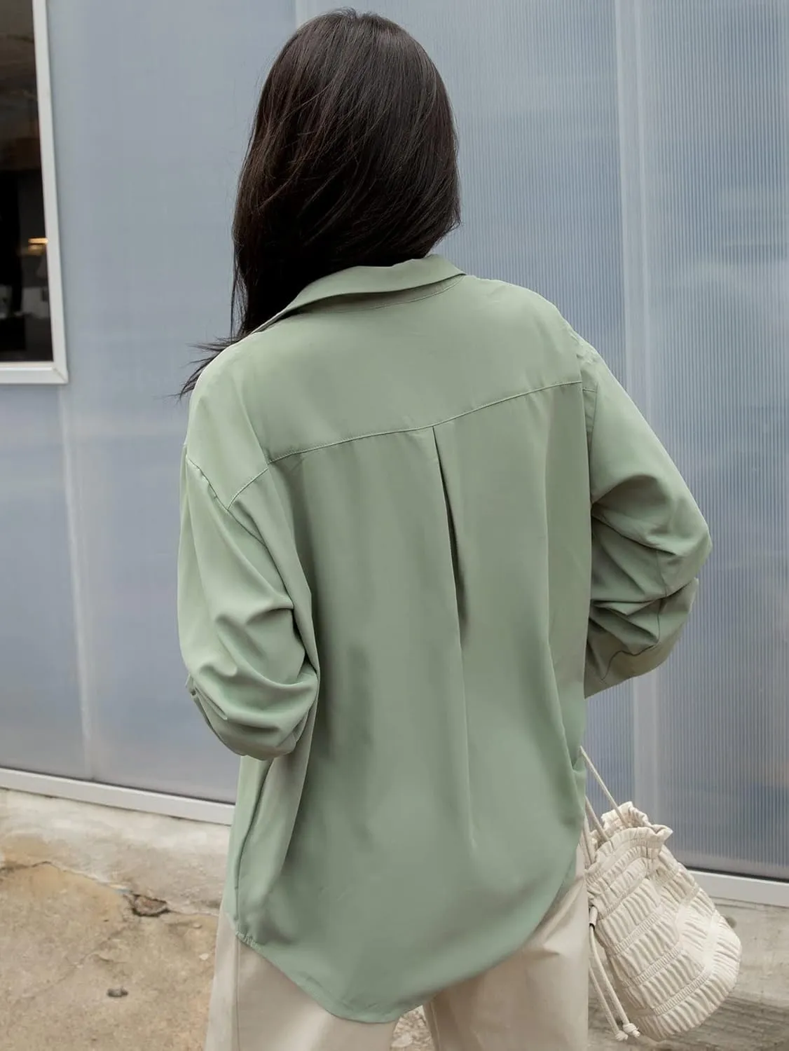 Womens Summer Work Blouse Drop Shoulder Button Front Shirt Long Sleeve Tops Tops