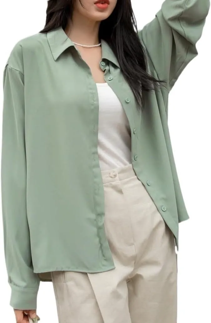 Womens Summer Work Blouse Drop Shoulder Button Front Shirt Long Sleeve Tops Tops