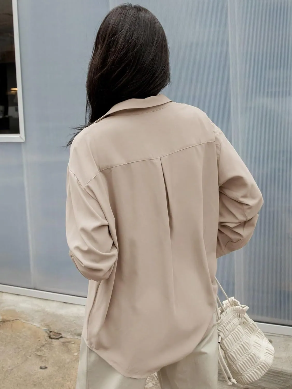 Womens Summer Work Blouse Solid Button Front Drop Shoulder Shirt Long Sleeve Tops Tops