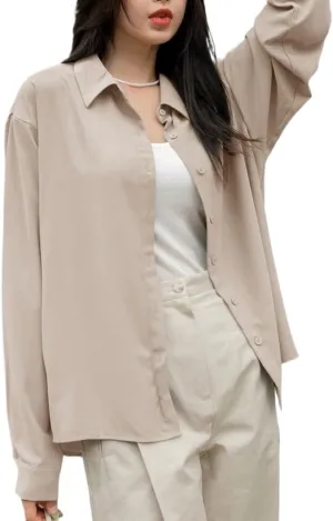Womens Summer Work Blouse Solid Button Front Drop Shoulder Shirt Long Sleeve Tops Tops