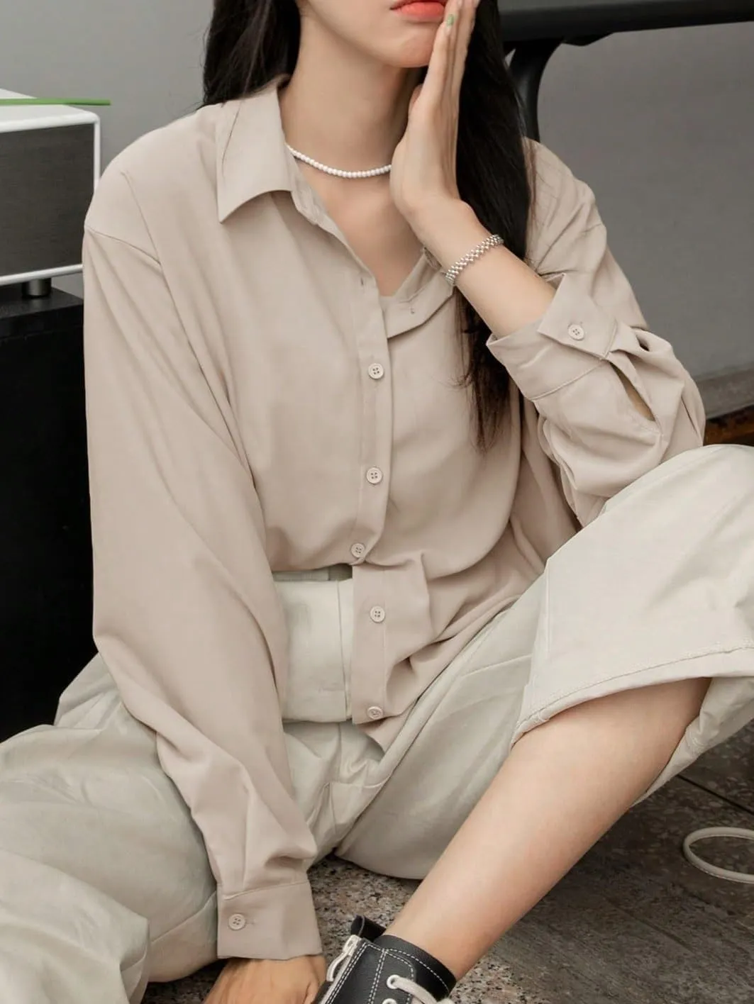 Womens Summer Work Blouse Solid Button Front Drop Shoulder Shirt Long Sleeve Tops Tops