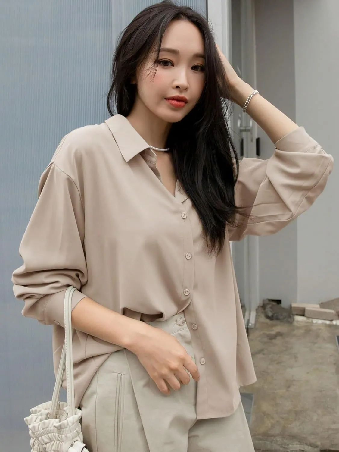 Womens Summer Work Blouse Solid Button Front Drop Shoulder Shirt Long Sleeve Tops Tops