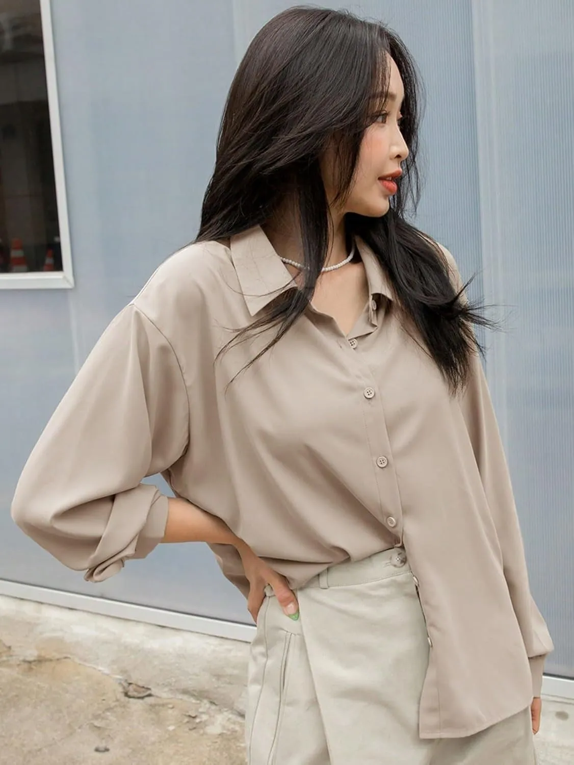 Womens Summer Work Blouse Solid Button Front Drop Shoulder Shirt Long Sleeve Tops Tops