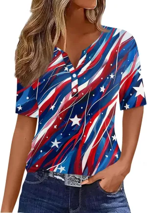 Womens Tops Short Sleeve 4Th of July Shirts Crew Neck Patriotic Women's Blouses Summer American Flag Print Outfits