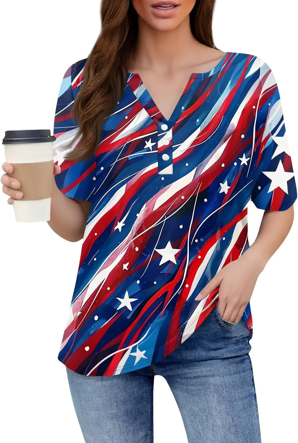 Womens Tops Short Sleeve 4Th of July Shirts Crew Neck Patriotic Women's Blouses Summer American Flag Print Outfits