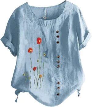 Womens Tops Short Sleeve Summer Henley Shirts Scoop Neck Ruched Button Blouses Dressy Casual Tunic Tops