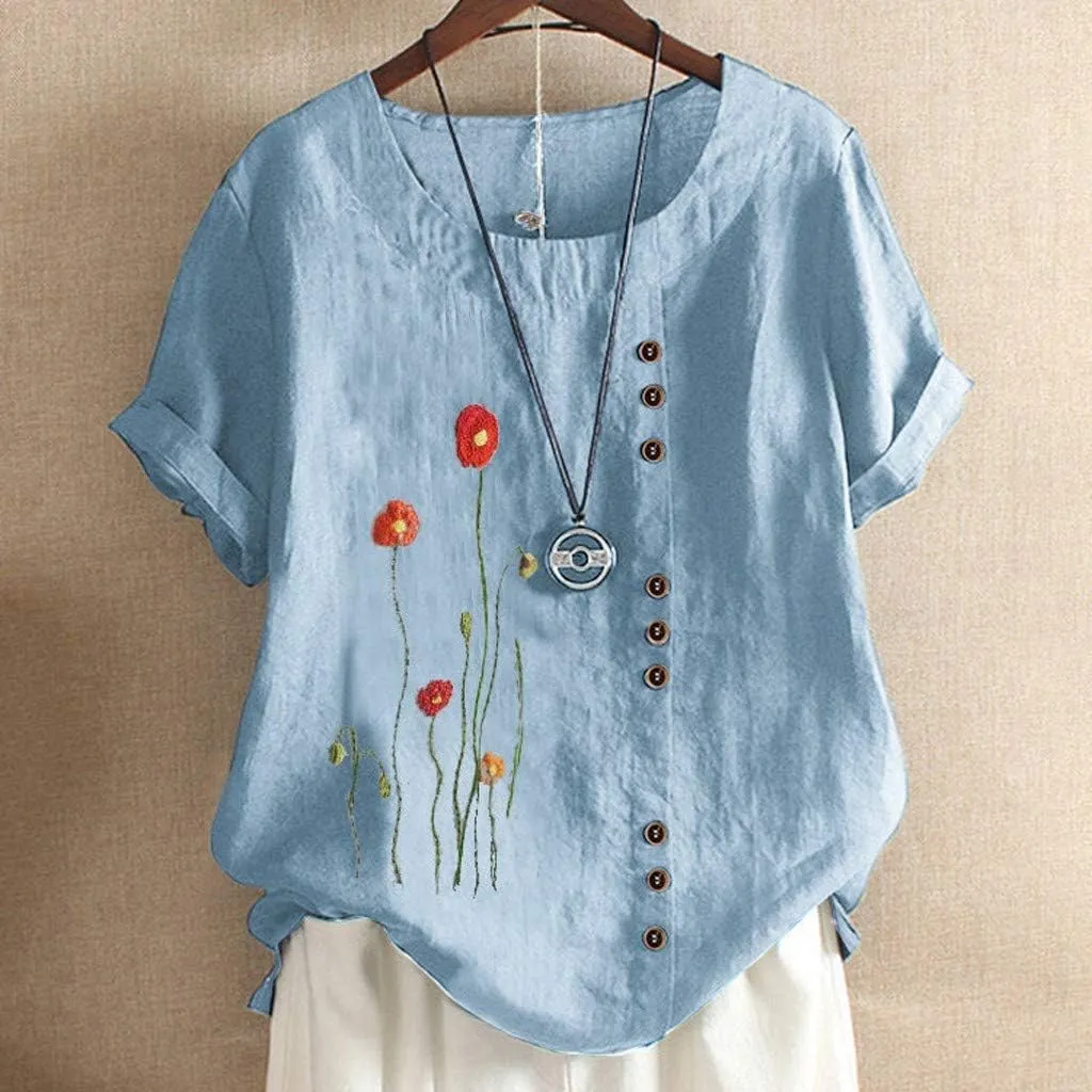 Womens Tops Short Sleeve Summer Henley Shirts Scoop Neck Ruched Button Blouses Dressy Casual Tunic Tops