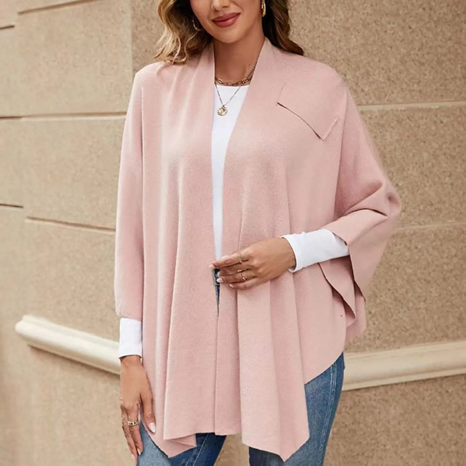Women's Travel Knit Shawl Wraps, Knitted Poncho Cape Open Front Cardigan Sweater with Tassel for Spring Fall Winter