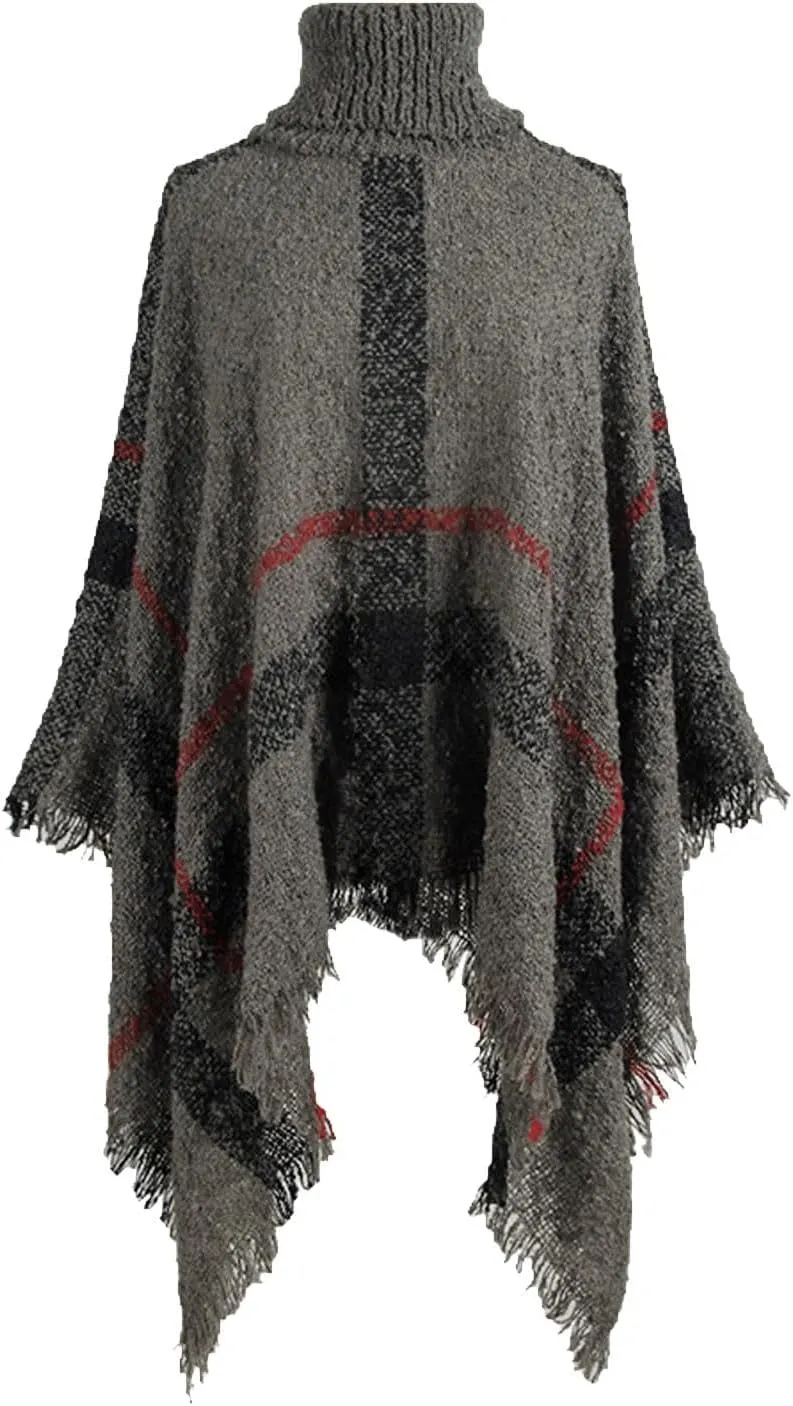 Womens Turtleneck Ponchos Sweater Versatile Lightweight Striped Knit Shawl Wraps Scarf Raw Hem Pullover Tops Cape Gift