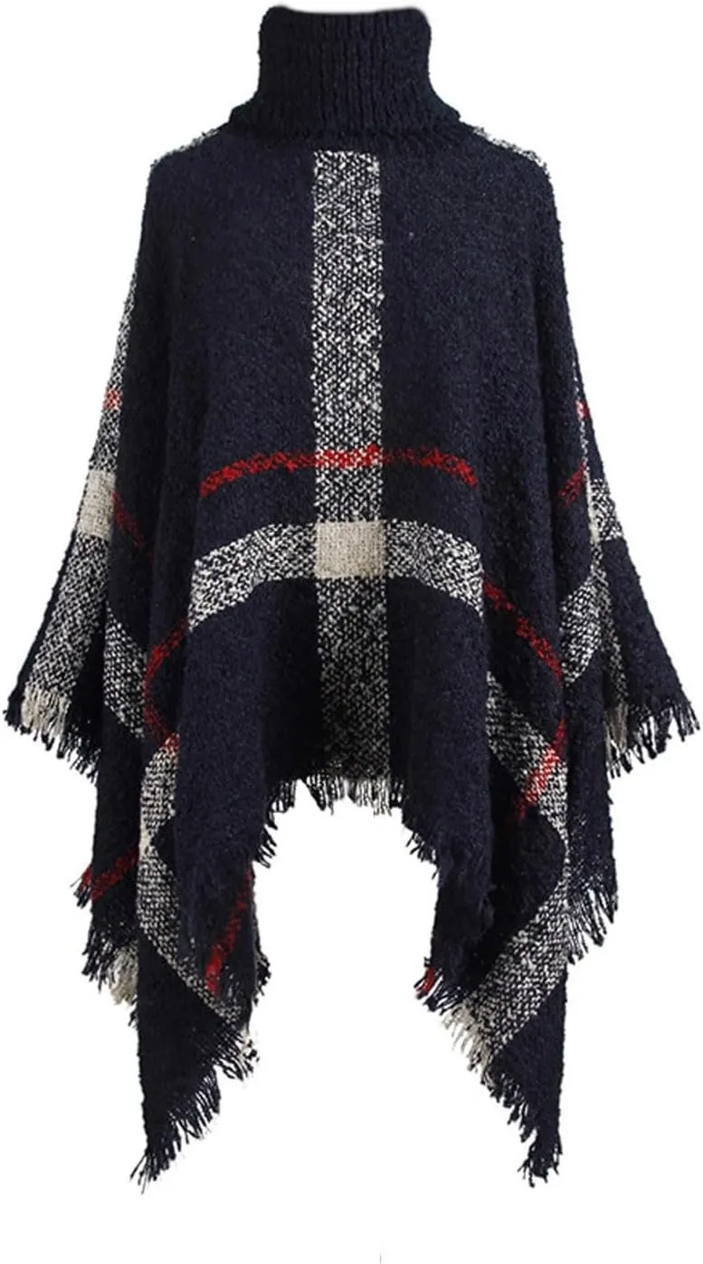 Womens Turtleneck Ponchos Sweater Versatile Lightweight Striped Knit Shawl Wraps Scarf Raw Hem Pullover Tops Cape Gift