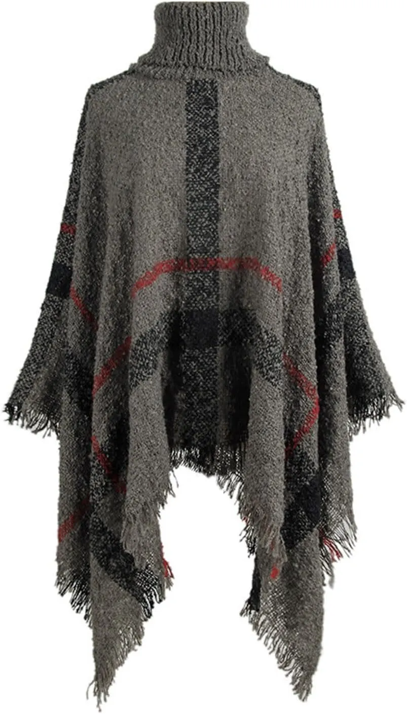 Womens Turtleneck Ponchos Sweater Versatile Lightweight Striped Knit Shawl Wraps Scarf Raw Hem Pullover Tops Cape Gift