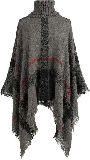 Womens Turtleneck Ponchos Sweater Versatile Lightweight Striped Knit Shawl Wraps Scarf Raw Hem Pullover Tops Cape Gift