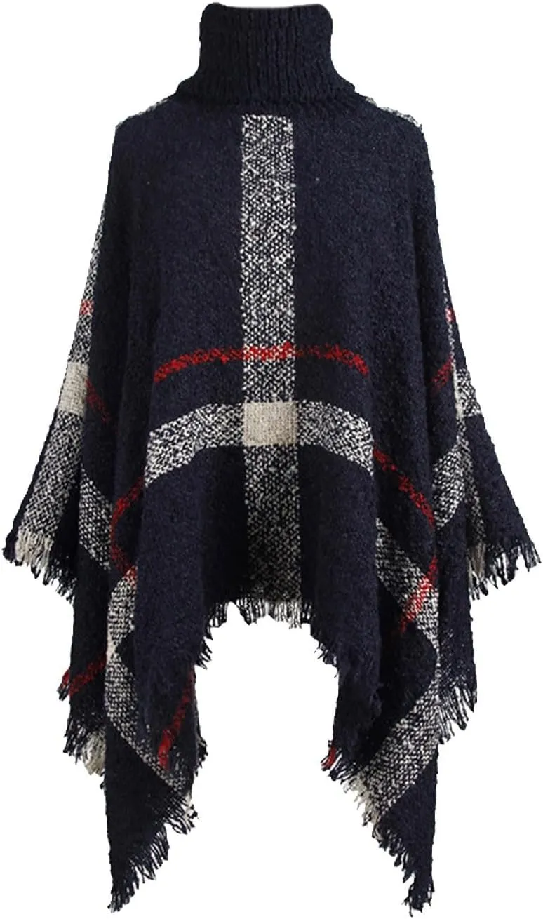 Womens Turtleneck Ponchos Sweater Versatile Lightweight Striped Knit Shawl Wraps Scarf Raw Hem Pullover Tops Cape Gift