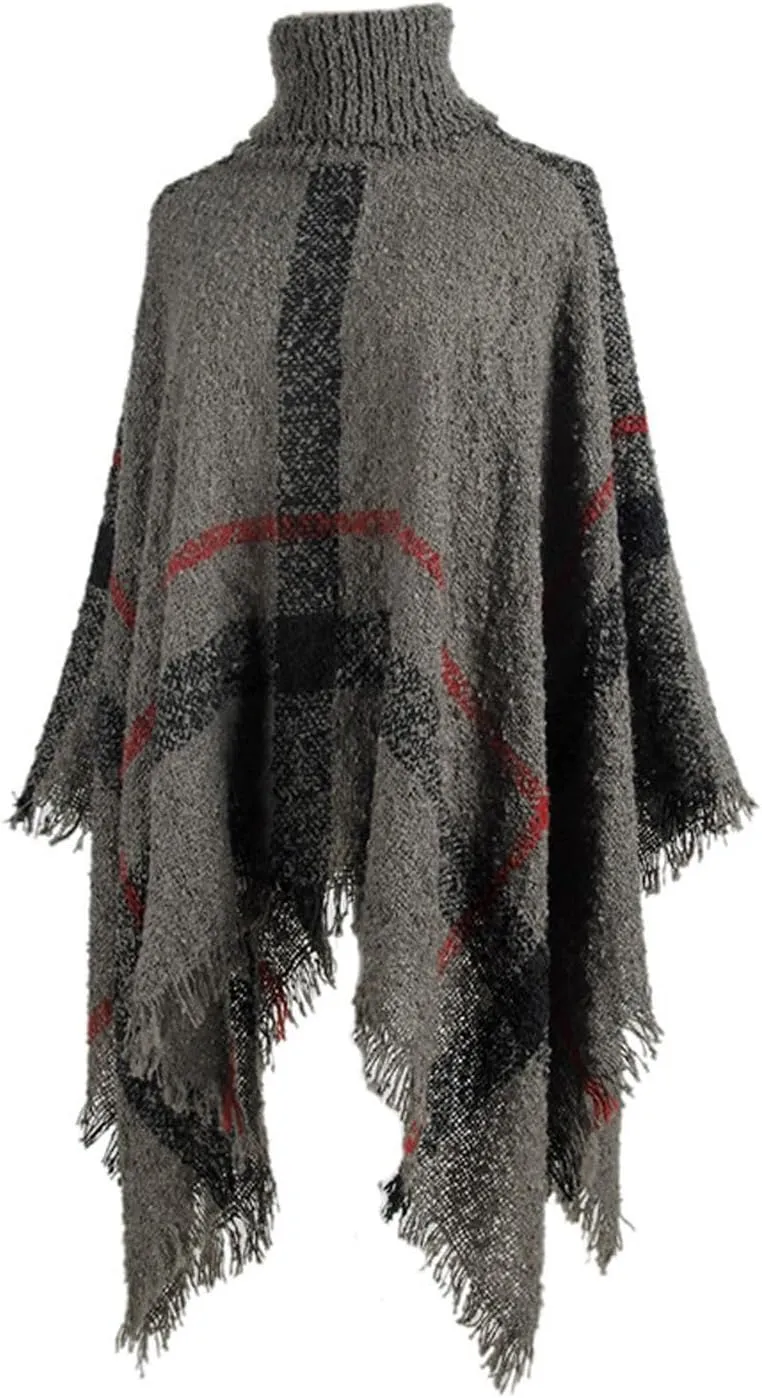 Womens Turtleneck Ponchos Sweater Versatile Lightweight Striped Knit Shawl Wraps Scarf Raw Hem Pullover Tops Cape Gift