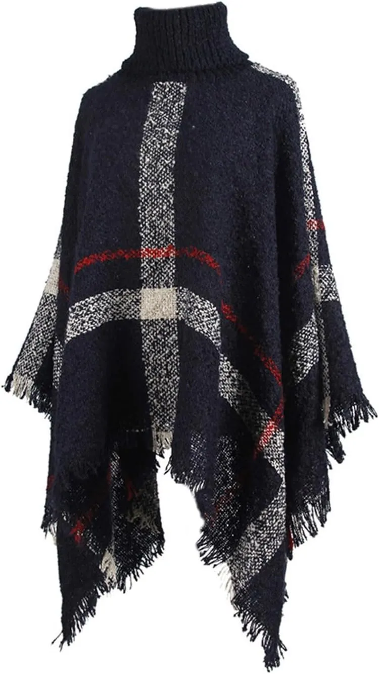 Womens Turtleneck Ponchos Sweater Versatile Lightweight Striped Knit Shawl Wraps Scarf Raw Hem Pullover Tops Cape Gift