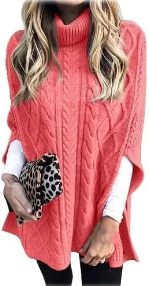 Women's Turtleneck Sweater Long Sleeve Chunky Knit Poncho Sweater Cape Wrap Pullover Fashion Fall Winter Jumper Tops
