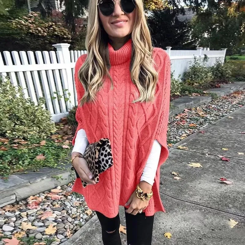 Women's Turtleneck Sweater Long Sleeve Chunky Knit Poncho Sweater Cape Wrap Pullover Fashion Fall Winter Jumper Tops