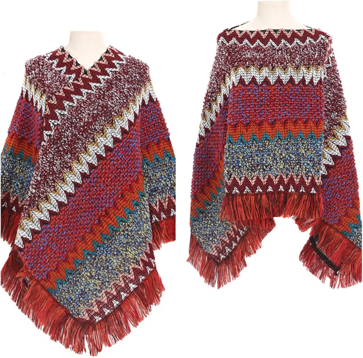 Women's Vintage Warm Knitted Tassel Poncho Shawl Cape Button Cardigan Poncho Cape Blanket Shawls and Wraps for Winter