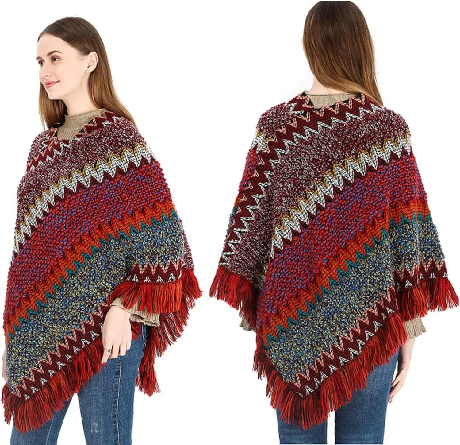 Women's Vintage Warm Knitted Tassel Poncho Shawl Cape Button Cardigan Poncho Cape Blanket Shawls and Wraps for Winter