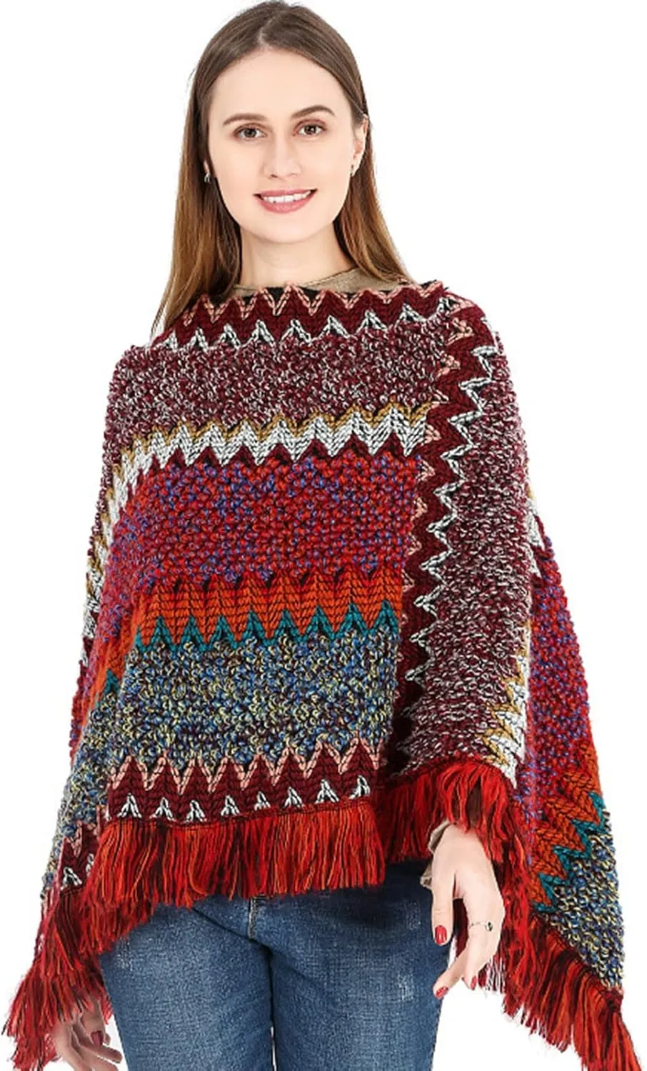 Women's Vintage Warm Knitted Tassel Poncho Shawl Cape Button Cardigan Poncho Cape Blanket Shawls and Wraps for Winter