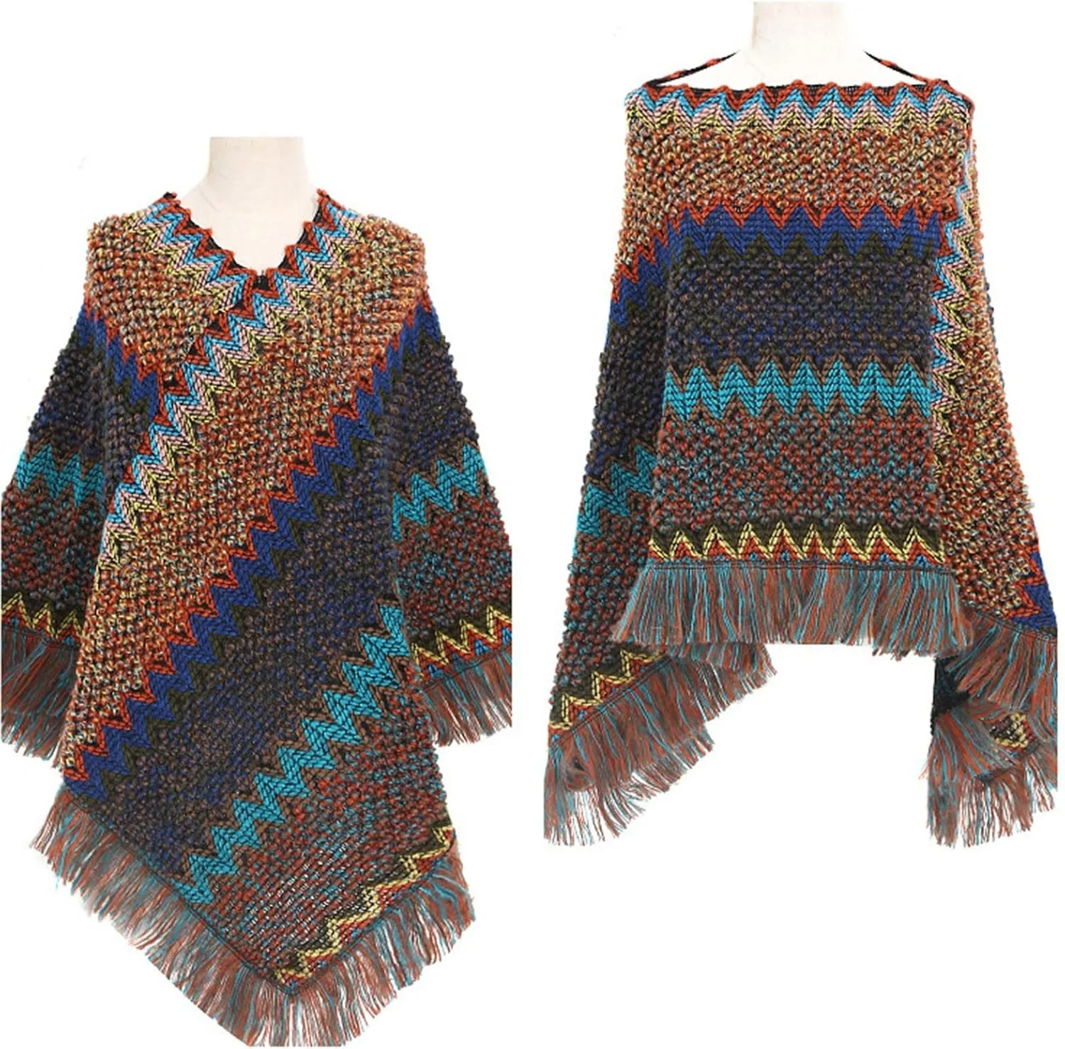 Women's Vintage Warm Knitted Tassel Poncho Shawl Cape Button Cardigan Poncho Cape Blanket Shawls and Wraps for Winter
