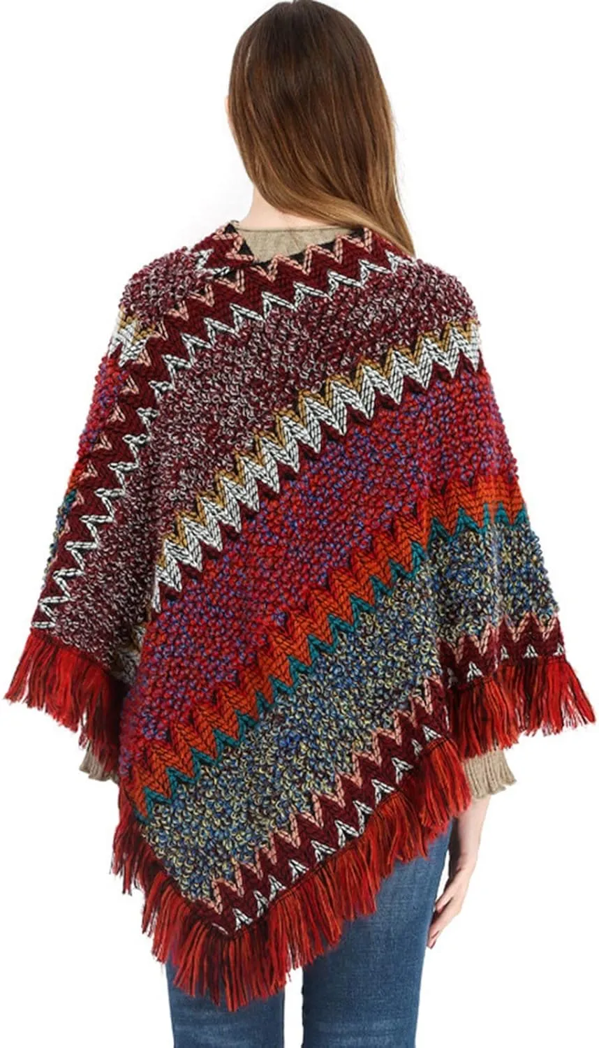 Women's Vintage Warm Knitted Tassel Poncho Shawl Cape Button Cardigan Poncho Cape Blanket Shawls and Wraps for Winter