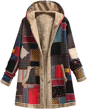 Women's Warm Winter Coat Fleece Lined Parka Western Aztec Print Jacket Vintage Coat Cardigan Outerwear with Pockets