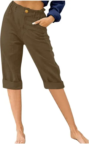 Womens Wide Leg Capri Pants Solid Color Straight Leg Lounge Trousers Botton Elastic Loose Pants Pockets Slim Fit Pants