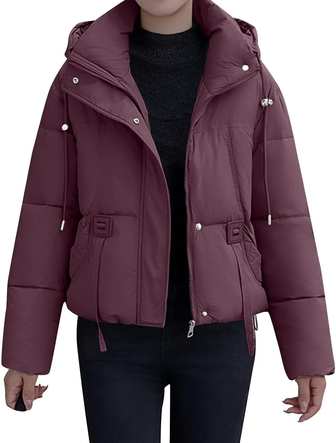 Women’s Winter Baggy Zip Puffer Jackets Short Down Jacket Stand Collar Zip Puffer Jacket Short Padded Down Coats