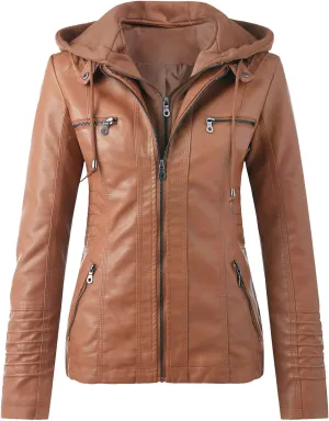 Womens Winter Coats with Hood Women's Removable Hooded Faux Leather Jacket Moto Biker Coat
