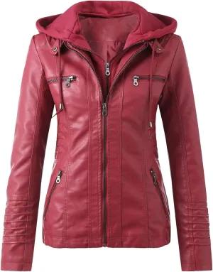 Womens Winter Coats with Hood Women's Removable Hooded Faux Leather Jacket Moto Biker Coat