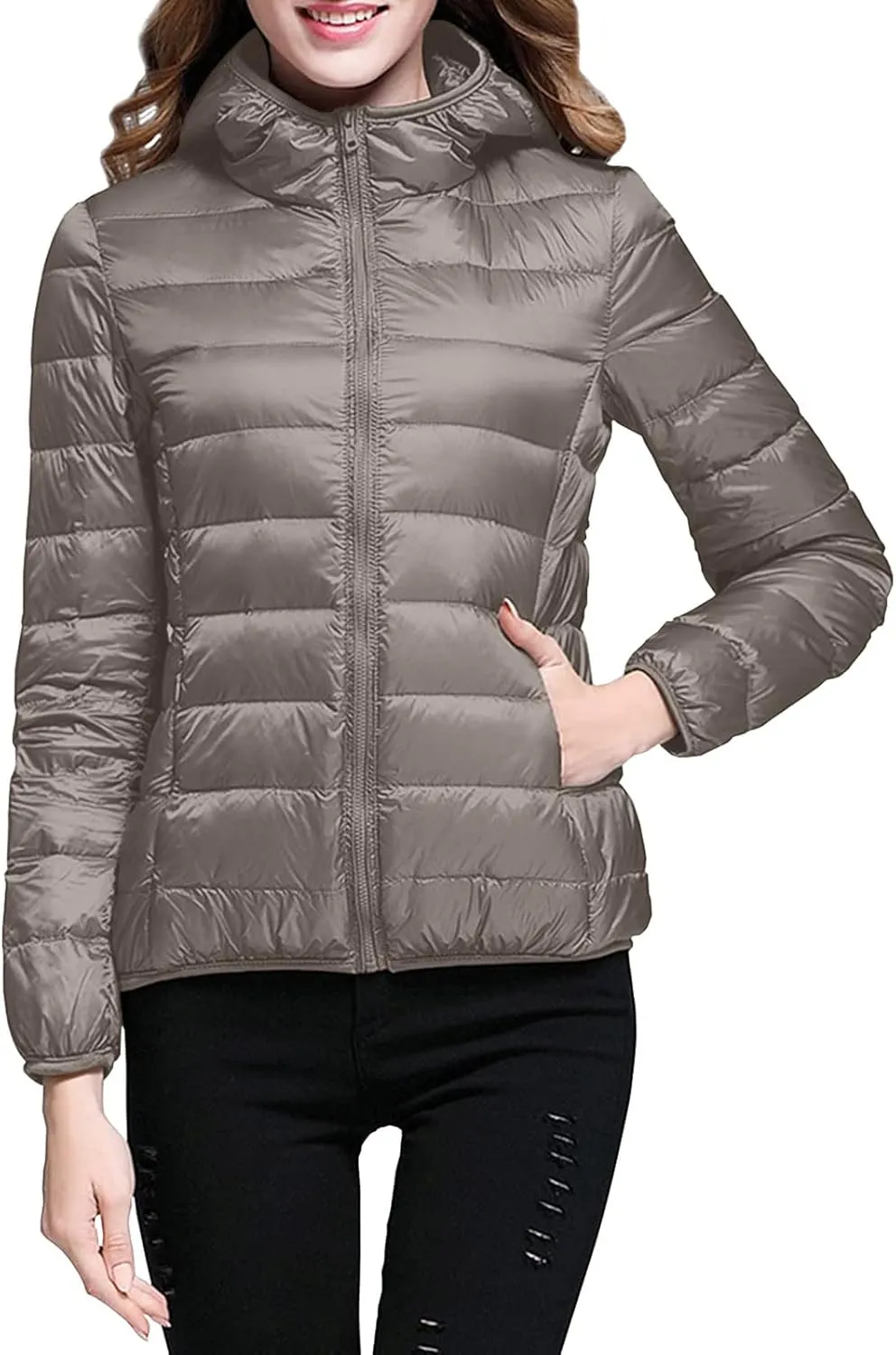 Womens Winter Cropped Jackets Packable Lightweight Solid Color Casual Puffer Jacket Warm Zip Up Hooded Quilted Down Jacket
