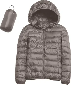 Womens Winter Cropped Jackets Packable Lightweight Solid Color Casual Puffer Jacket Warm Zip Up Hooded Quilted Down Jacket