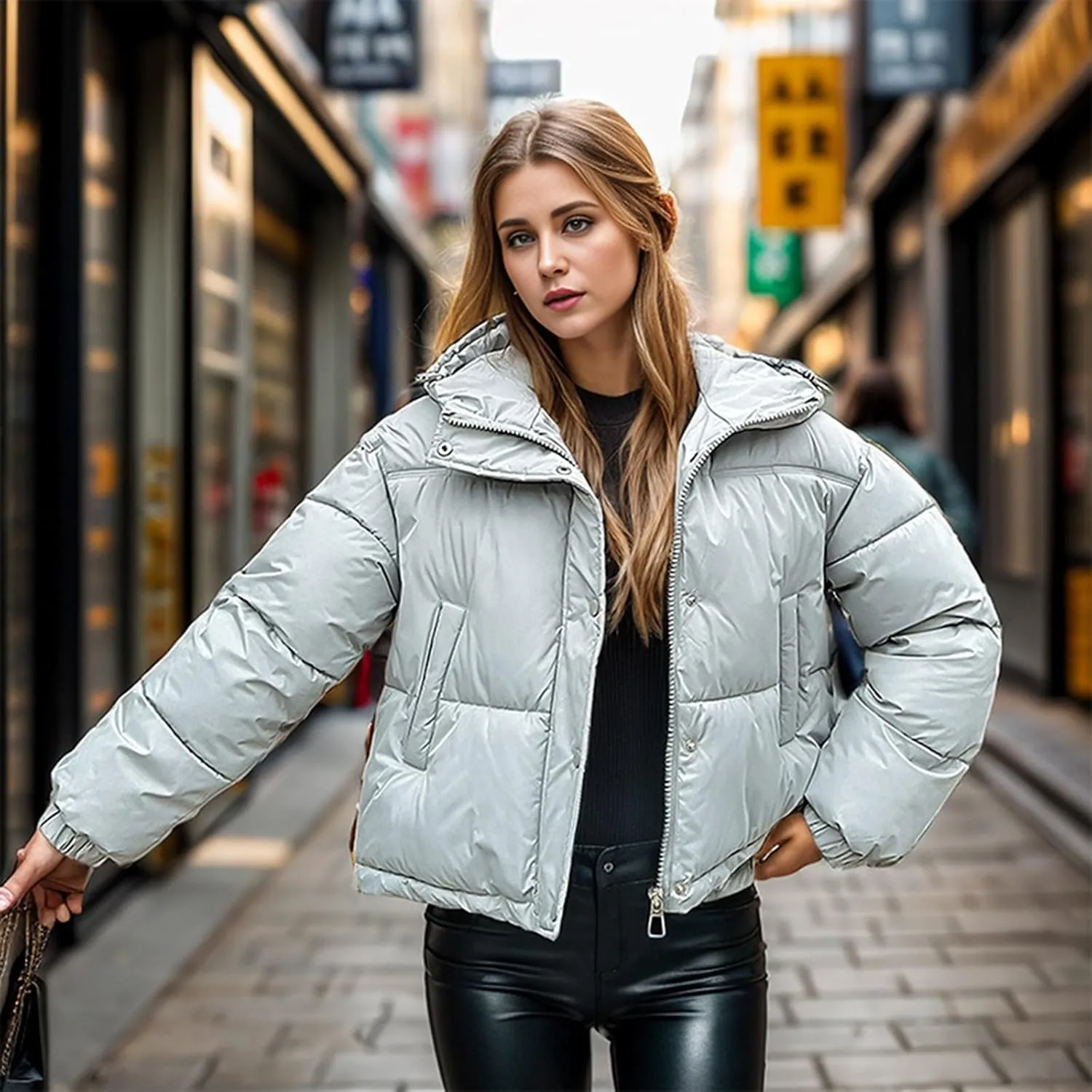Womens Winter Cropped Puffer Coat Stand Collar Short Down Jacket Winter Outerwear Warm Quilted Jacket with Pockets