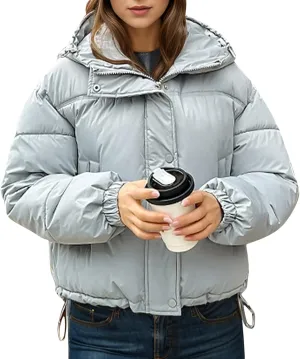 Womens Winter Cropped Puffer Coat Stand Collar Short Down Jacket Winter Outerwear Warm Quilted Jacket with Pockets