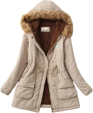 Womens Winter Down Coat Thick Faux Lamb Wool Lined Jacket Windproof Puffer Jacket with Faux Fur Hood