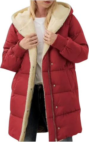Womens Winter Long Down Coats Teddy Fleece Lined Jacket Plus Size Warm Down Thicken Hooded Windproof Quilted Puffer Jackets