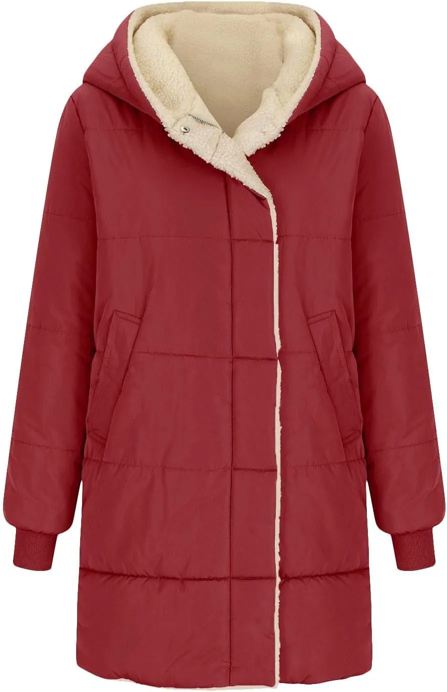Womens Winter Long Down Coats Teddy Fleece Lined Jacket Plus Size Warm Down Thicken Hooded Windproof Quilted Puffer Jackets