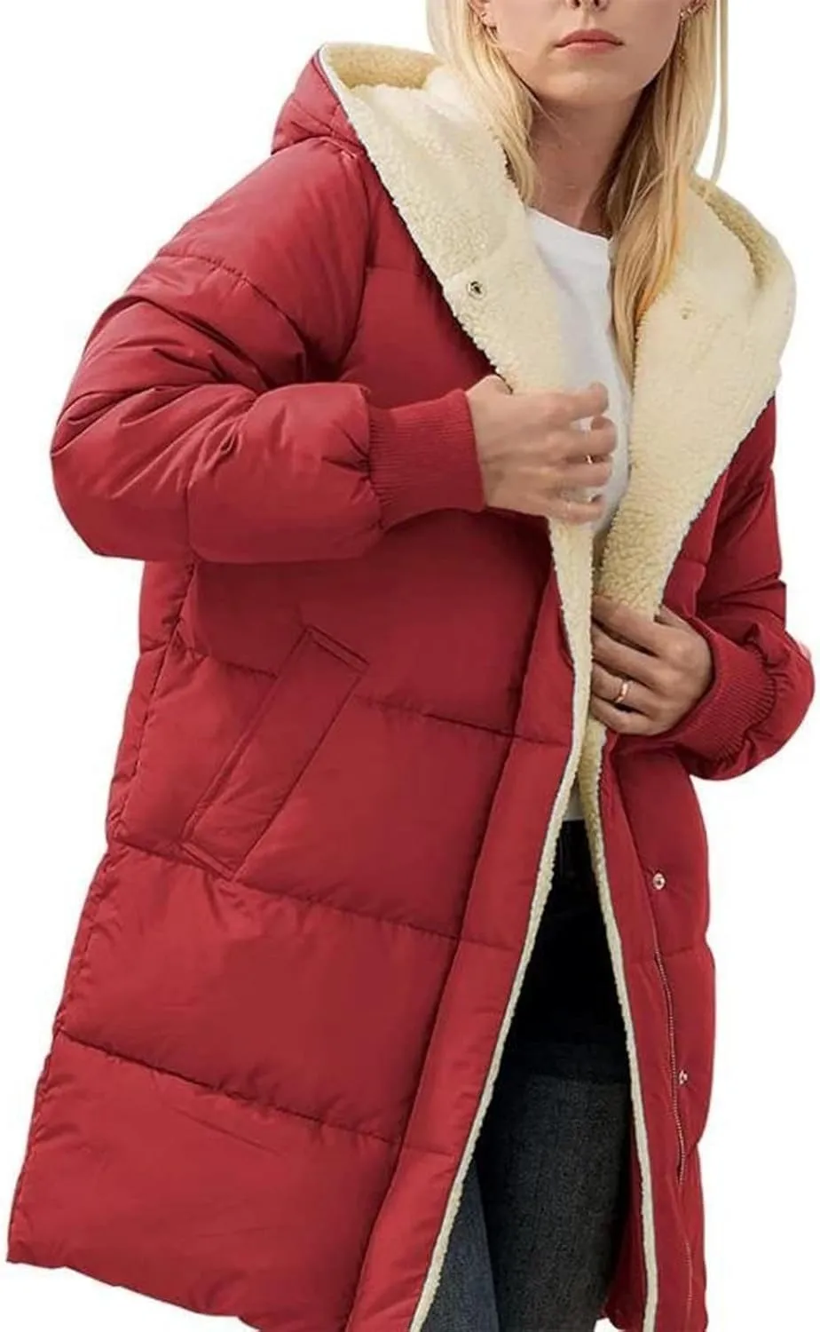 Womens Winter Long Down Coats Teddy Fleece Lined Jacket Plus Size Warm Down Thicken Hooded Windproof Quilted Puffer Jackets