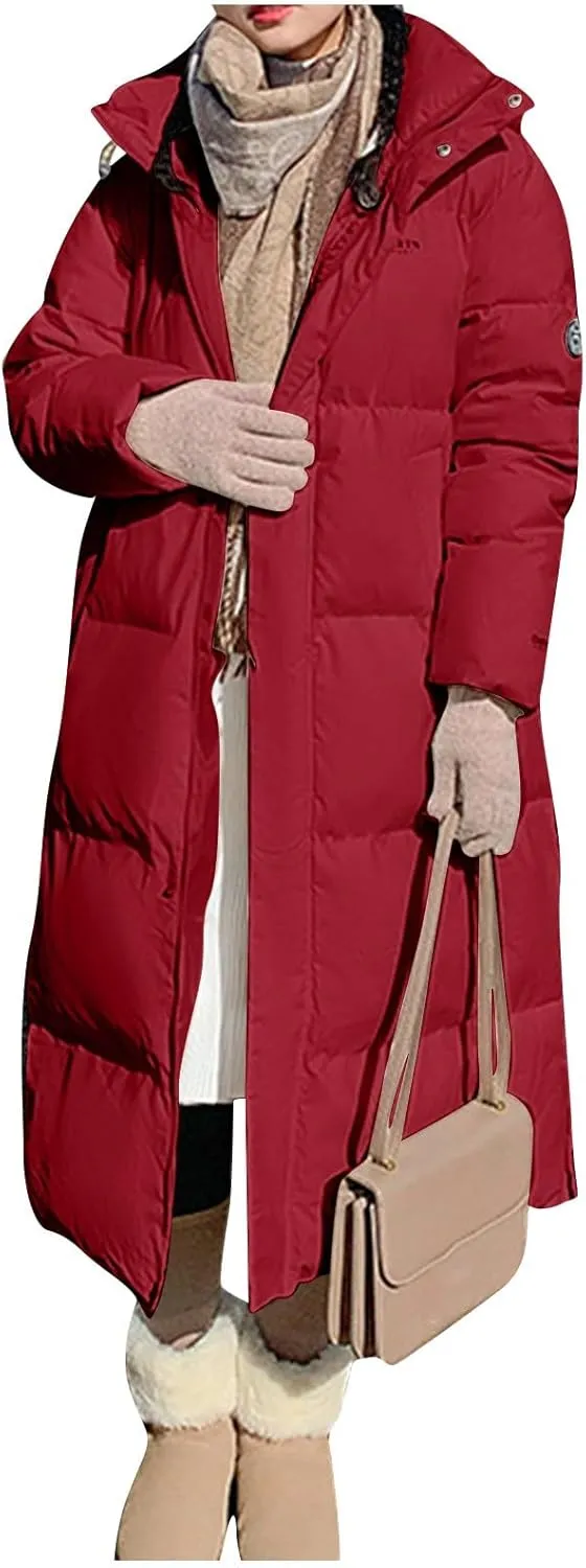 Women's Winter Over Knee Hooded Maxi Long Puffer Down Coat Long Winter Coats Zip Up Padded Coat Maxi Length Outerwear