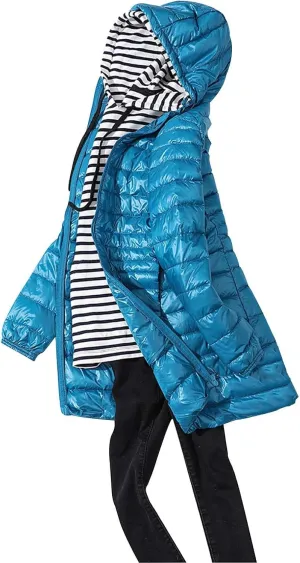 Womens Winter Windproof Warm Solid Quilted Down Coat Long Sleeve Zipper Hooded Long Puffer Coat Work Outdoor Clothes
