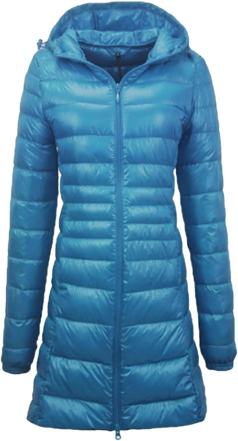Womens Winter Windproof Warm Solid Quilted Down Coat Long Sleeve Zipper Hooded Long Puffer Coat Work Outdoor Clothes