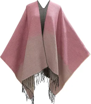 Women's Wraps and Shawls for Evening Dresses, Color Block Poncho Cape Tassels Open Front Cardigan Sweater for Winter