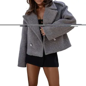 Wool Blend Coat Women Cropped Long Sleeve Jacket Lapel Open Front Double Breasted Coats Winter Peacoat