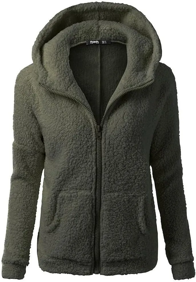 XUETON Womens Winter Warm Fleece Hoodie Jacket Coat Sherpa Lined Faux Fuzzy Long Sleeve Casual Zip Up Hooded Bomber Coat Army Green