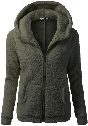 XUETON Womens Winter Warm Fleece Hoodie Jacket Coat Sherpa Lined Faux Fuzzy Long Sleeve Casual Zip Up Hooded Bomber Coat Army Green