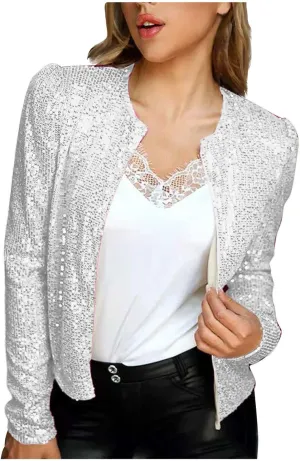 XUNRYAN Sequin Blazer Women Casual Open Front Cardigan Sparkly Jacket Glitter Long Sleeve Short Coats Crop Shrug Wraps Outfit