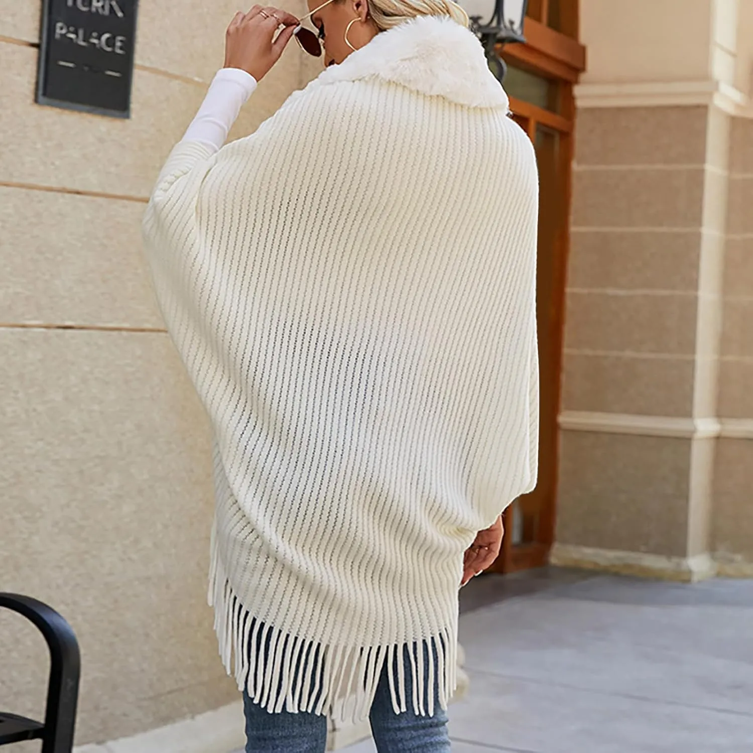 XUNRYAN Womens Sweaters Cardigan Winter Faux-Fur Coat Open Front Cardigans Chunky Knit Fringe Shawl Wraps Wedding Jackets